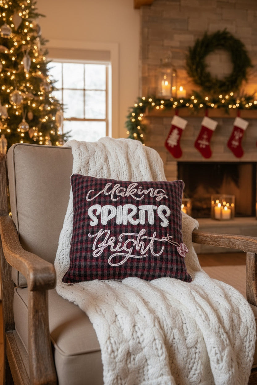 Nuvole di stoffa cuscino tartan con scritta a rilievo Making Spirits Bright…