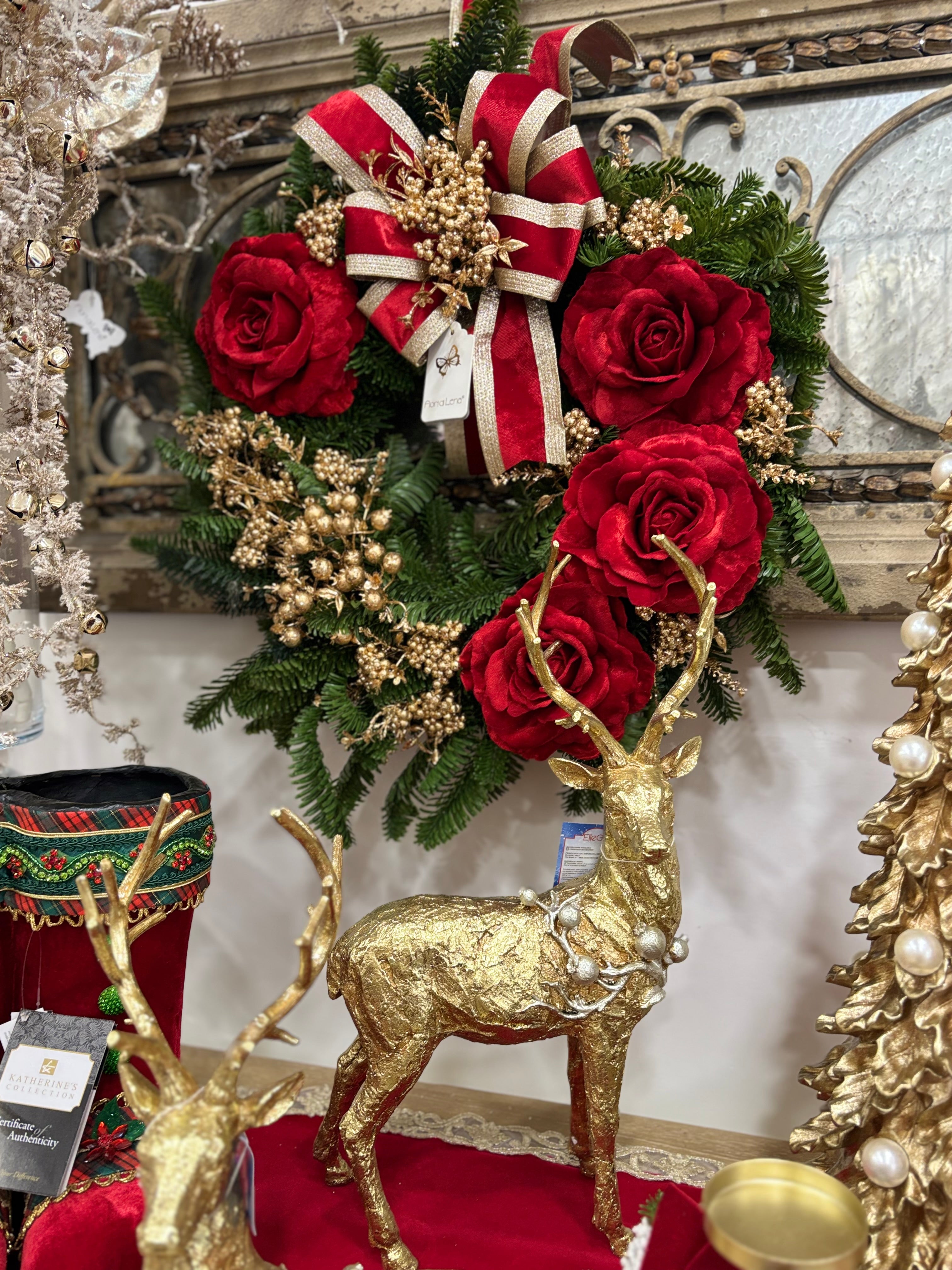 Fiori di lena ghirlanda fuoriporta con rose in velluto diametro 60 cm