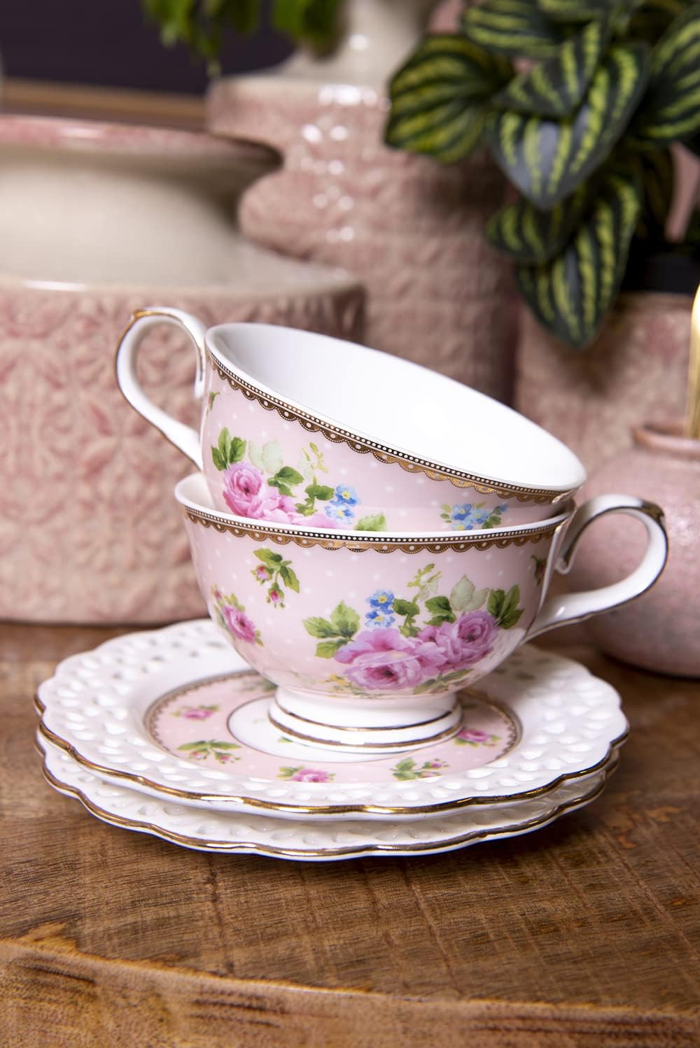 H&H Fairylove Set Di 4 Tazze Da Tè Con Piattino In Stoneware - Rosa - Lavabili In Lavastoviglie E Microonde