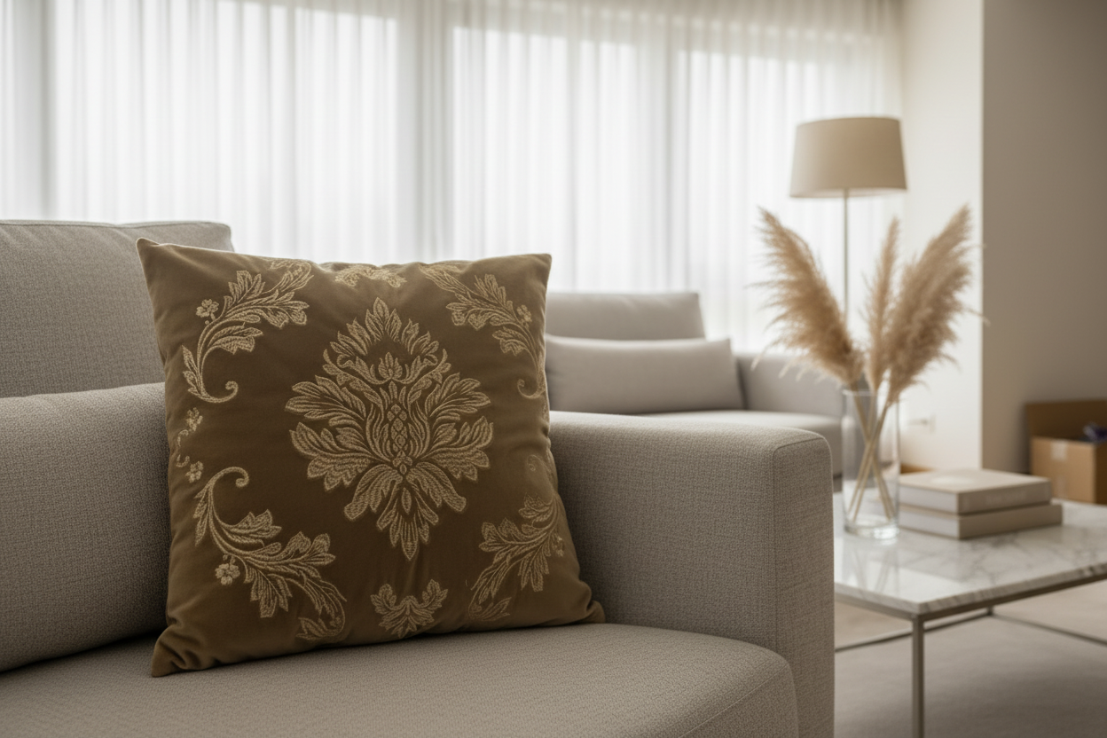 Blanc Mariclo’ cuscino in vellutino beige e ricamo dorato