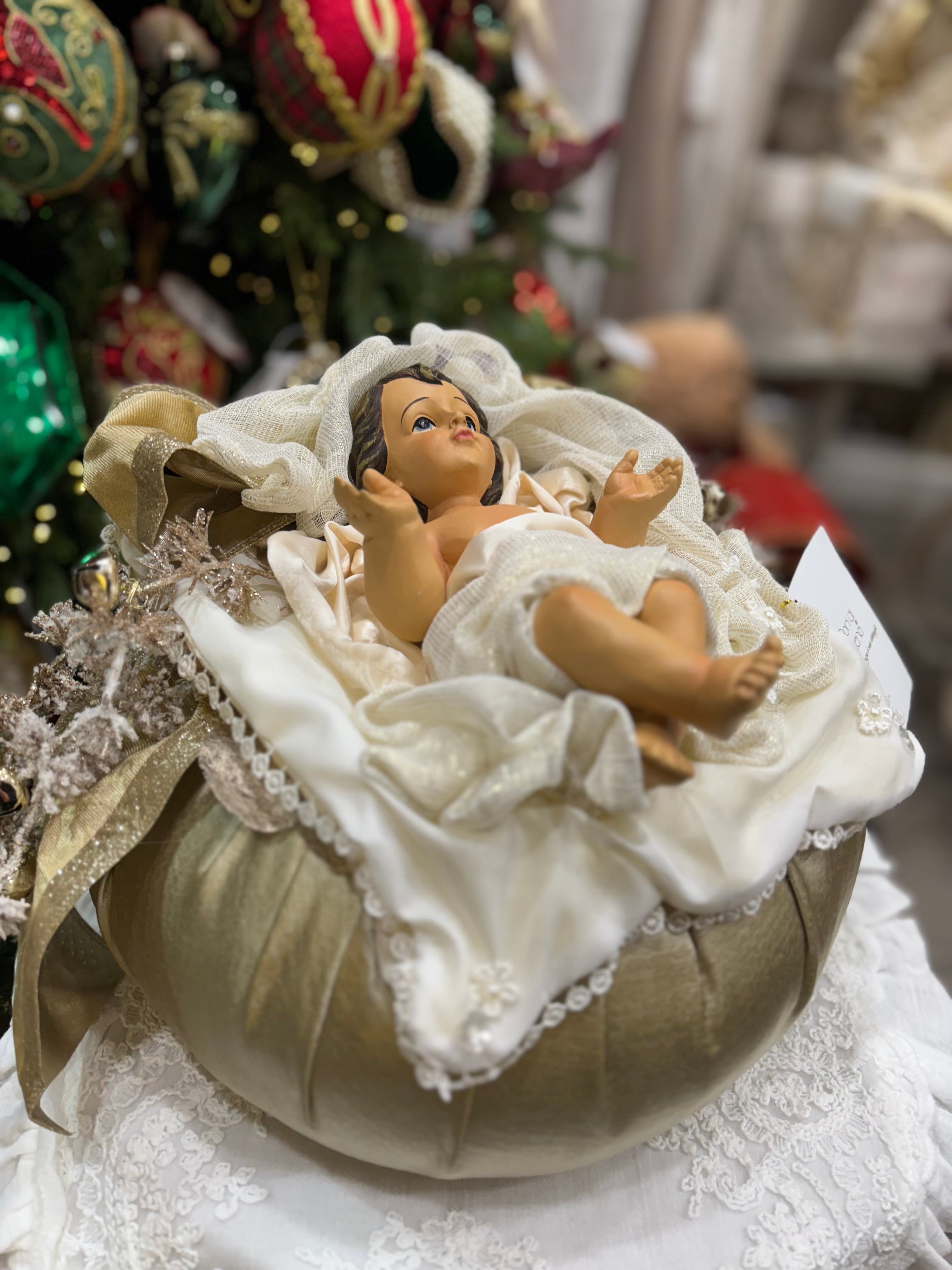 Fiori di lena Pouf Natalizio in Seta con Bambinello e Campanelle