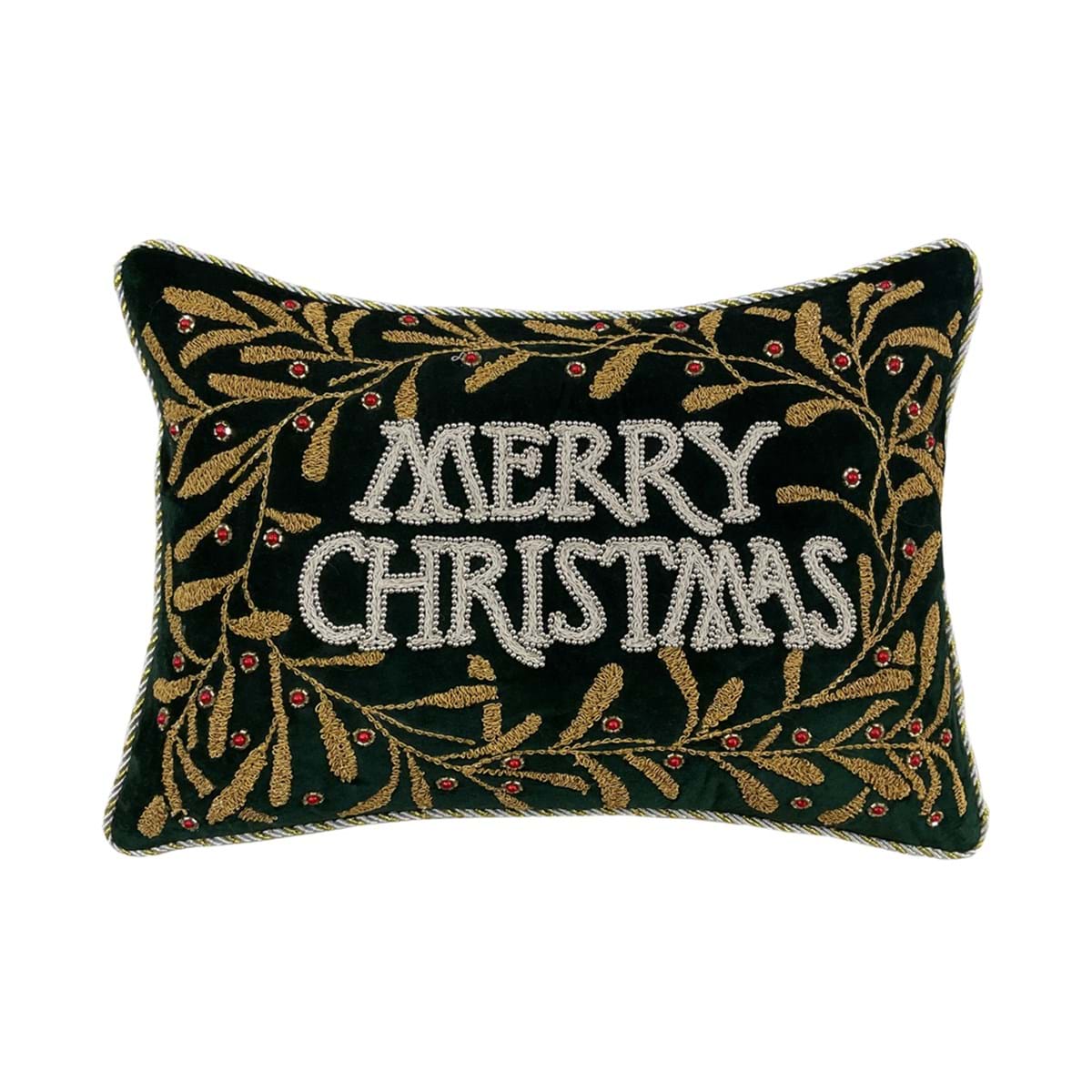 Blanc Mariclo Cuscino in velluto verde inglese con ricamo Merry Christmas