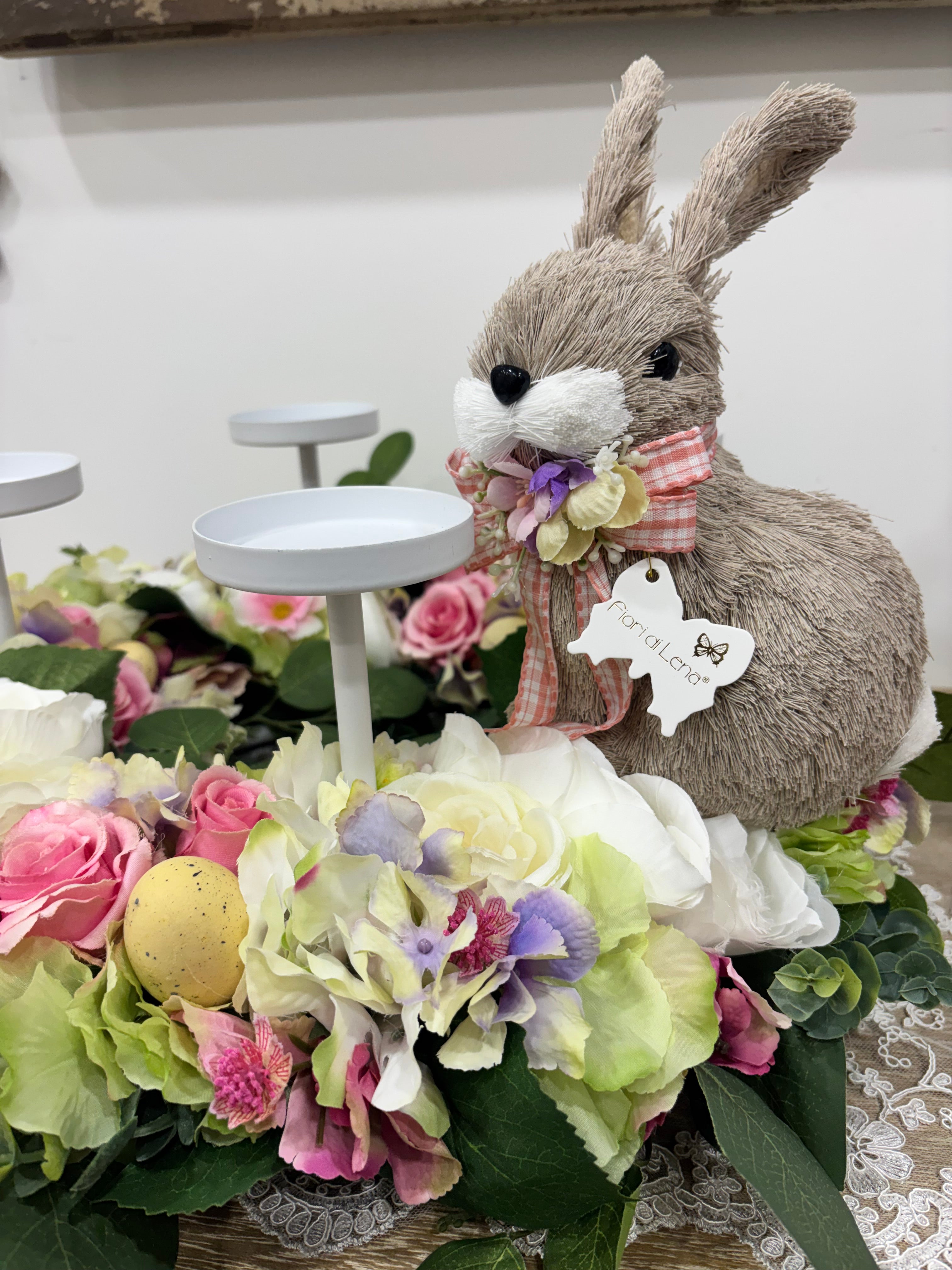Fiori di lena centrotavola “Giardino Pasquale Incantato” con coniglietto removibile