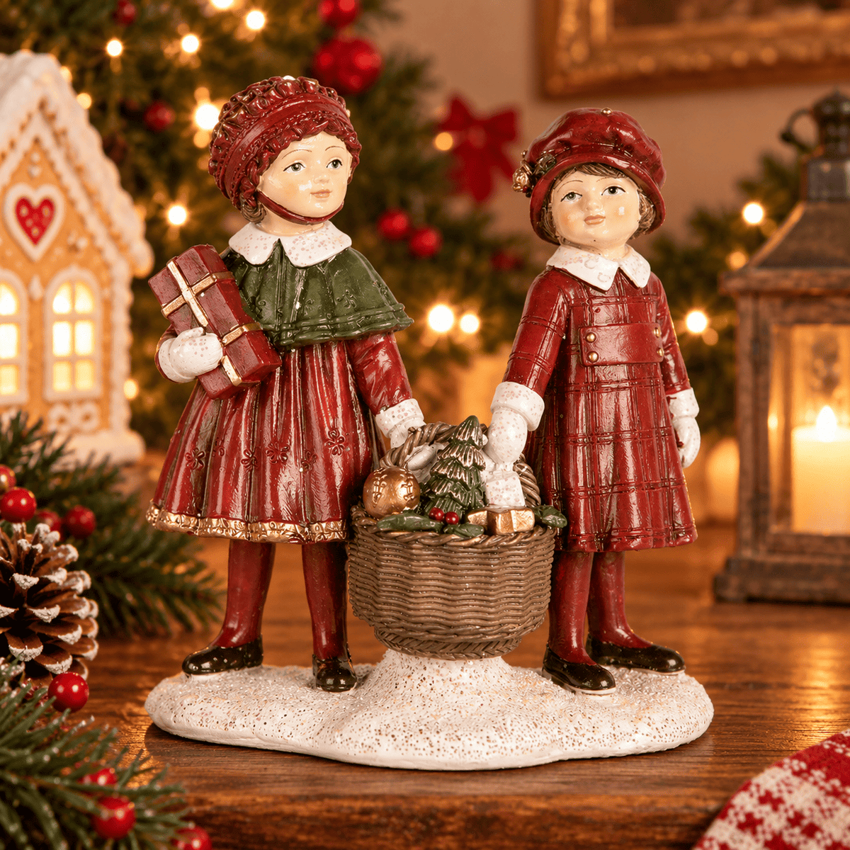Clayre & eef Coppia di Bambini Natalizi Vintage con Cesto