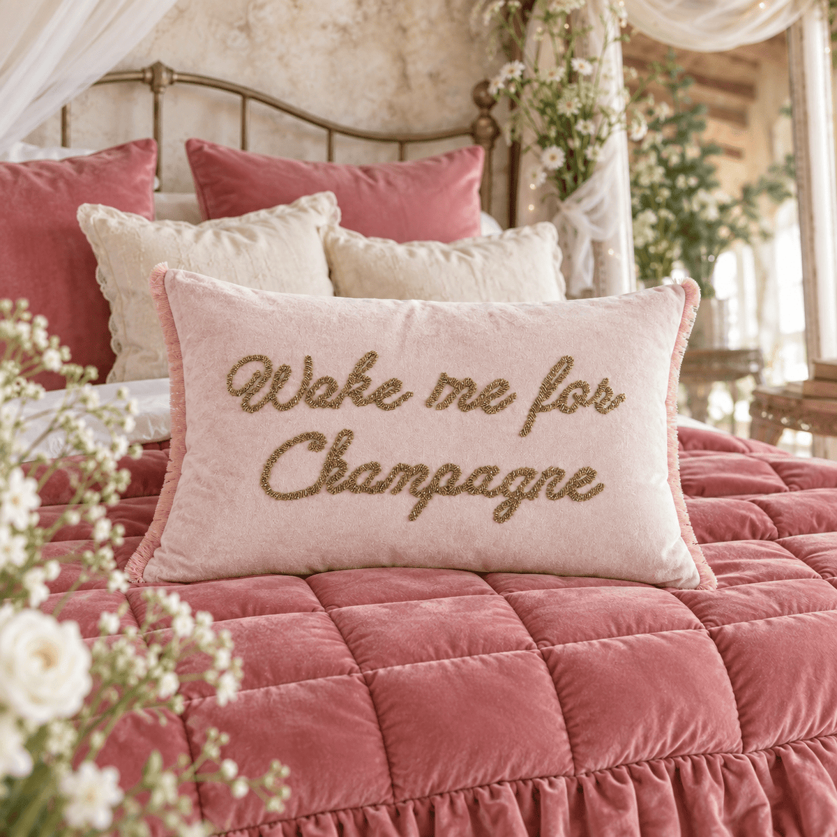 Blanc Mariclo' Cuscino rettangolare collezione Boudoir Rosa Cipria con Frange e ricamo dorato