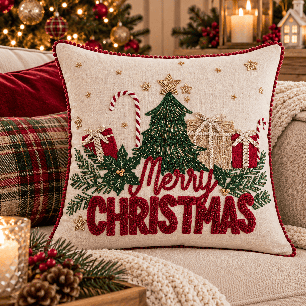Blanc Mariclò cuscino con ricamo Merry Christmas e pacchi regalo