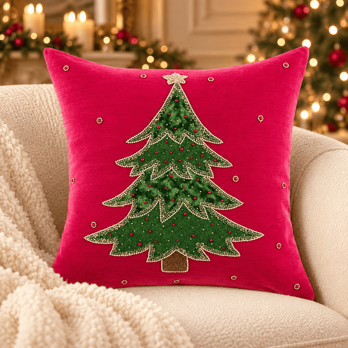 Blanc Mariclò cuscino natalizio con albero ricamato mis 45*45 cm