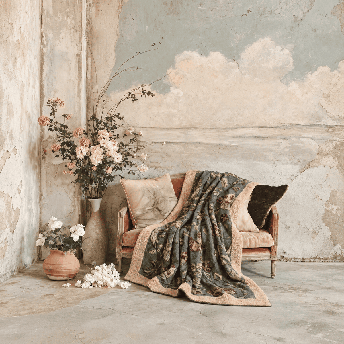 Blanc Mariclo plaid in lana cotta con decorazione floreale collezione Ramage Blu Ardesia