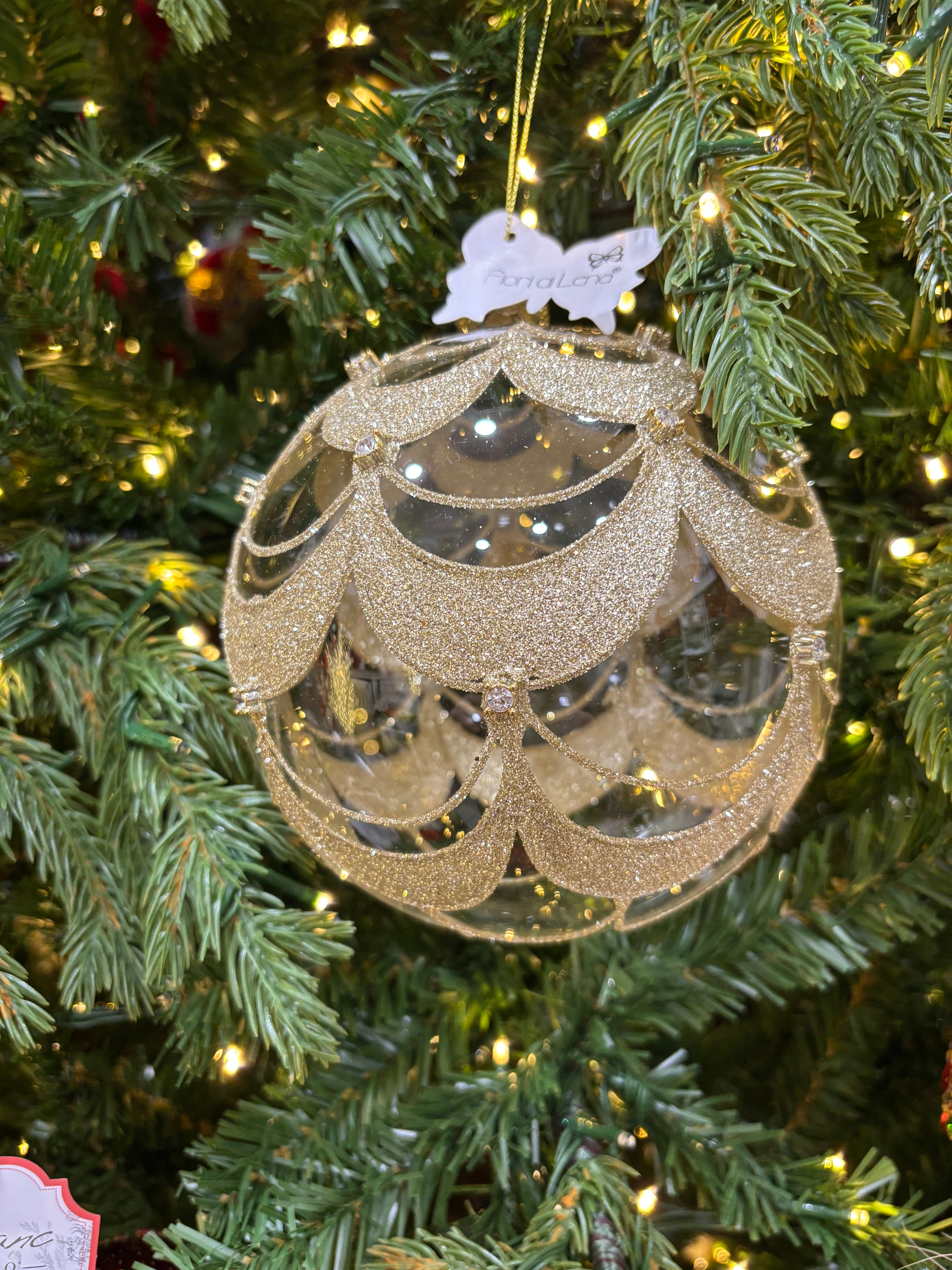 Fiori di lena addobbo sfera in vetro d 15 cm