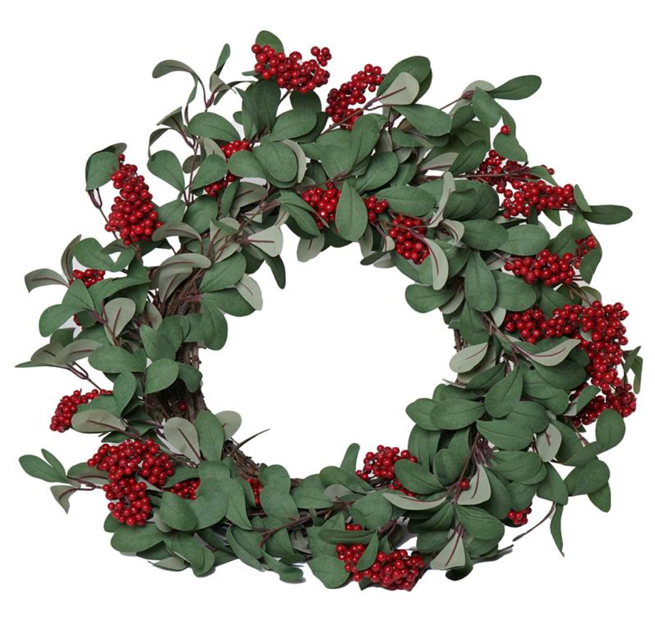 PLATHEA CORONA GHIRLANDA CON BACCHE ROSSE E FOGLIE EUCALIPTO 65 CM
