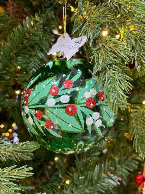 Fiori di lena addobbo in vetro sfera con agrifoglio 12 cm