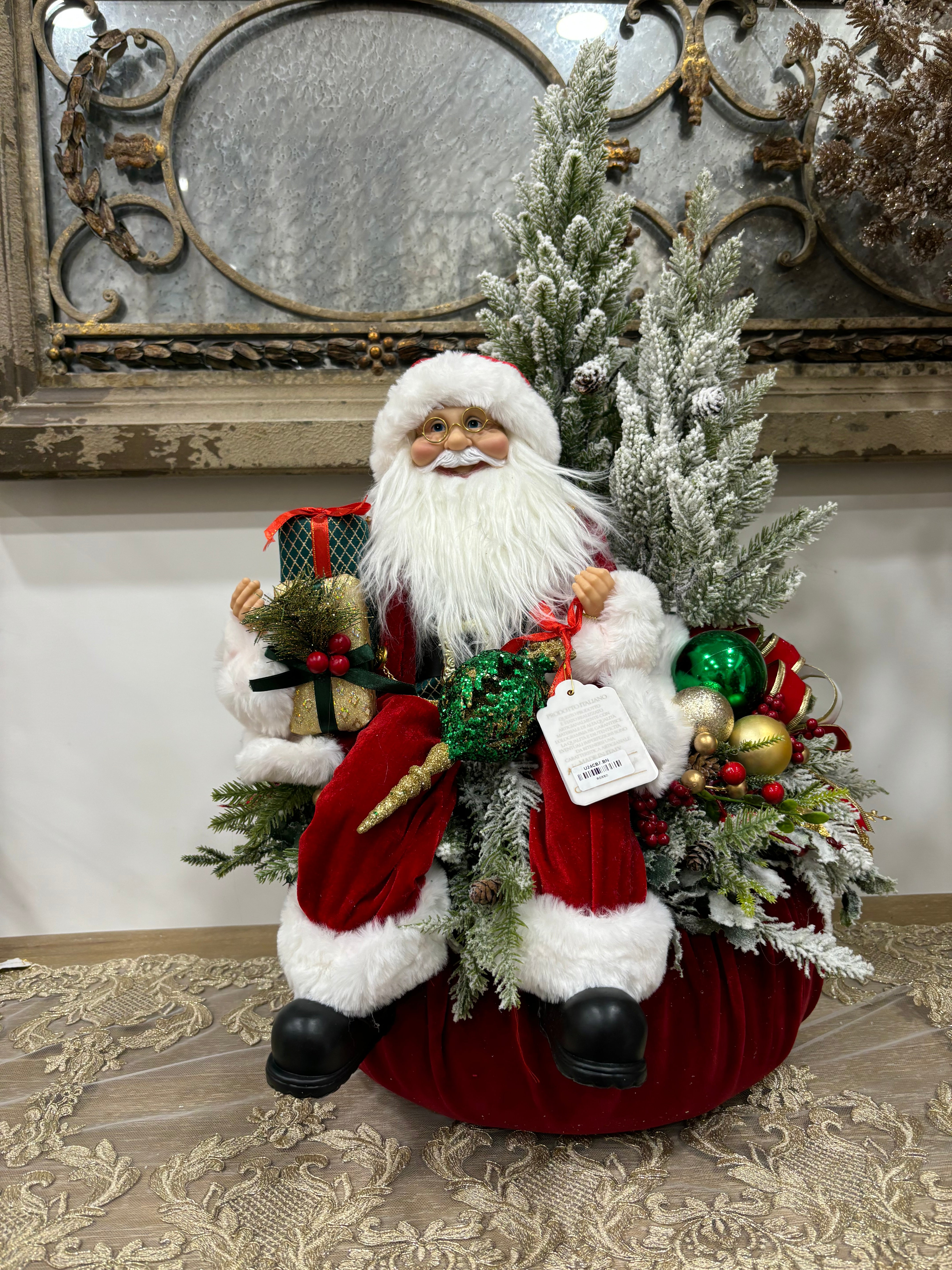 FIORI DI LENA PUFFO CON BABBO NATALE E PAESAGGIO NATALIZIO H 70 CM