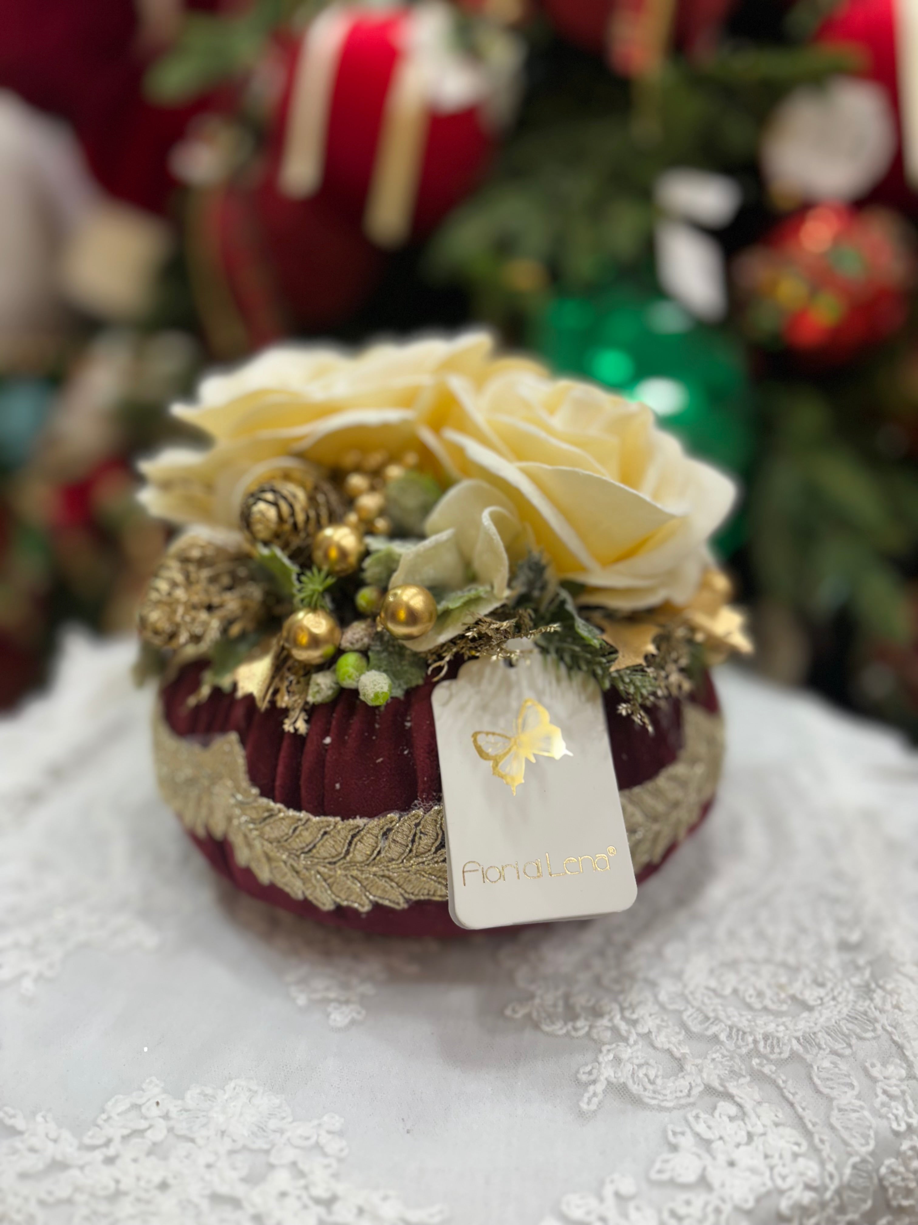 Fiori di lena Pouf profumato Amaranto con 2 rose Linea Dono Prezioso