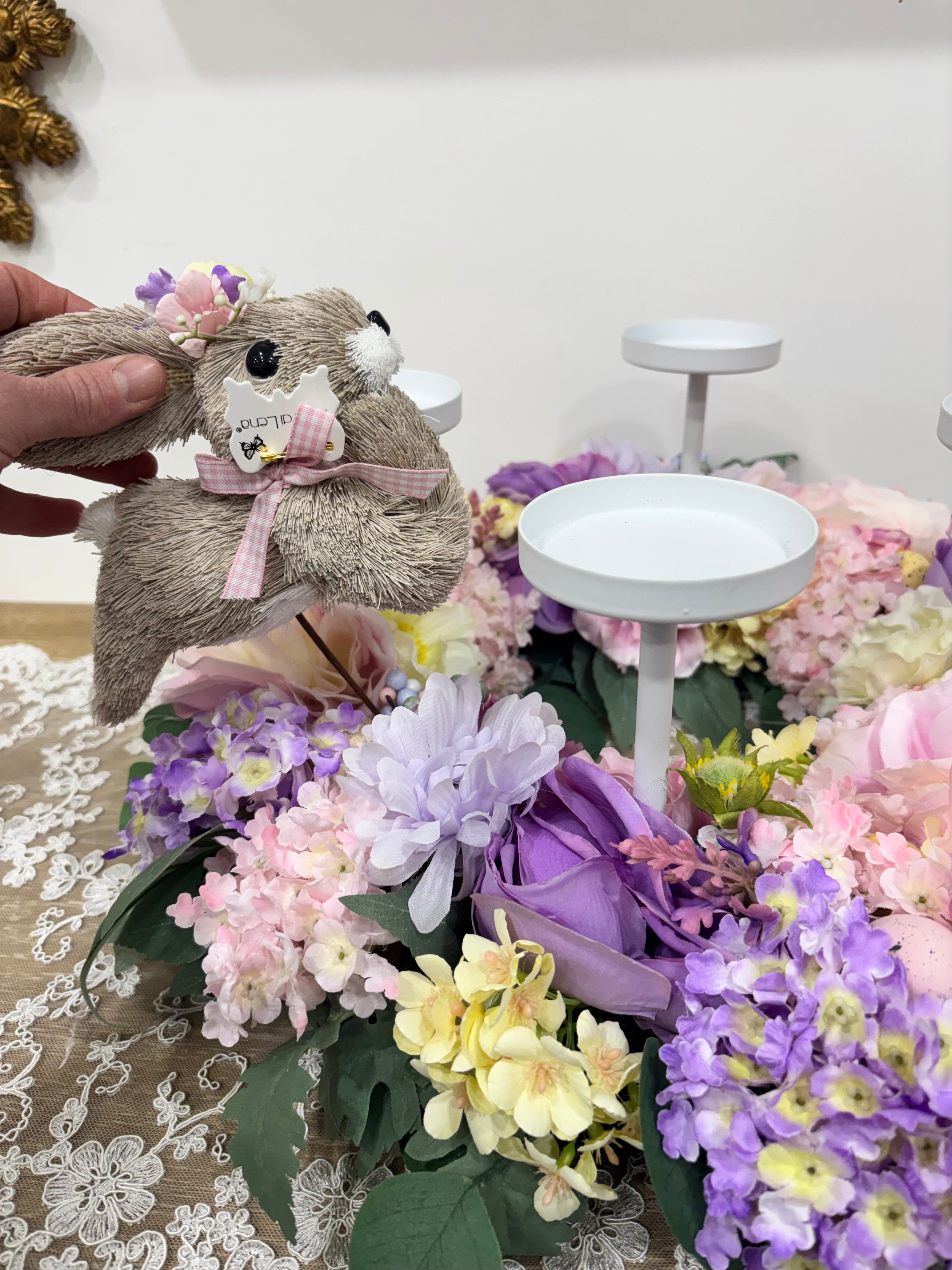 Fiori di lena centrotavola “Pasqua in fiore” con coniglietto removibile