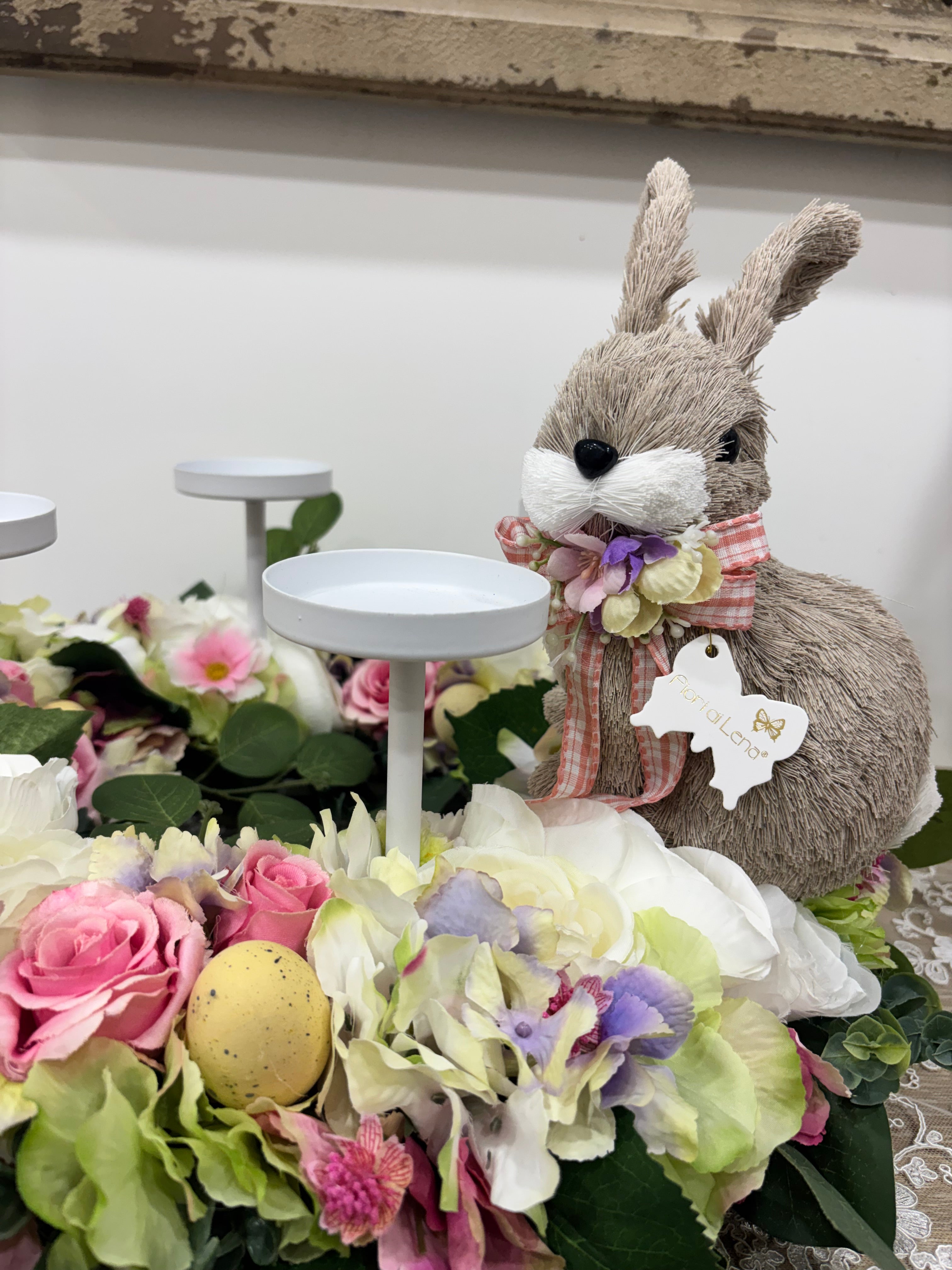 Fiori di lena centrotavola “Giardino Pasquale Incantato” con coniglietto removibile