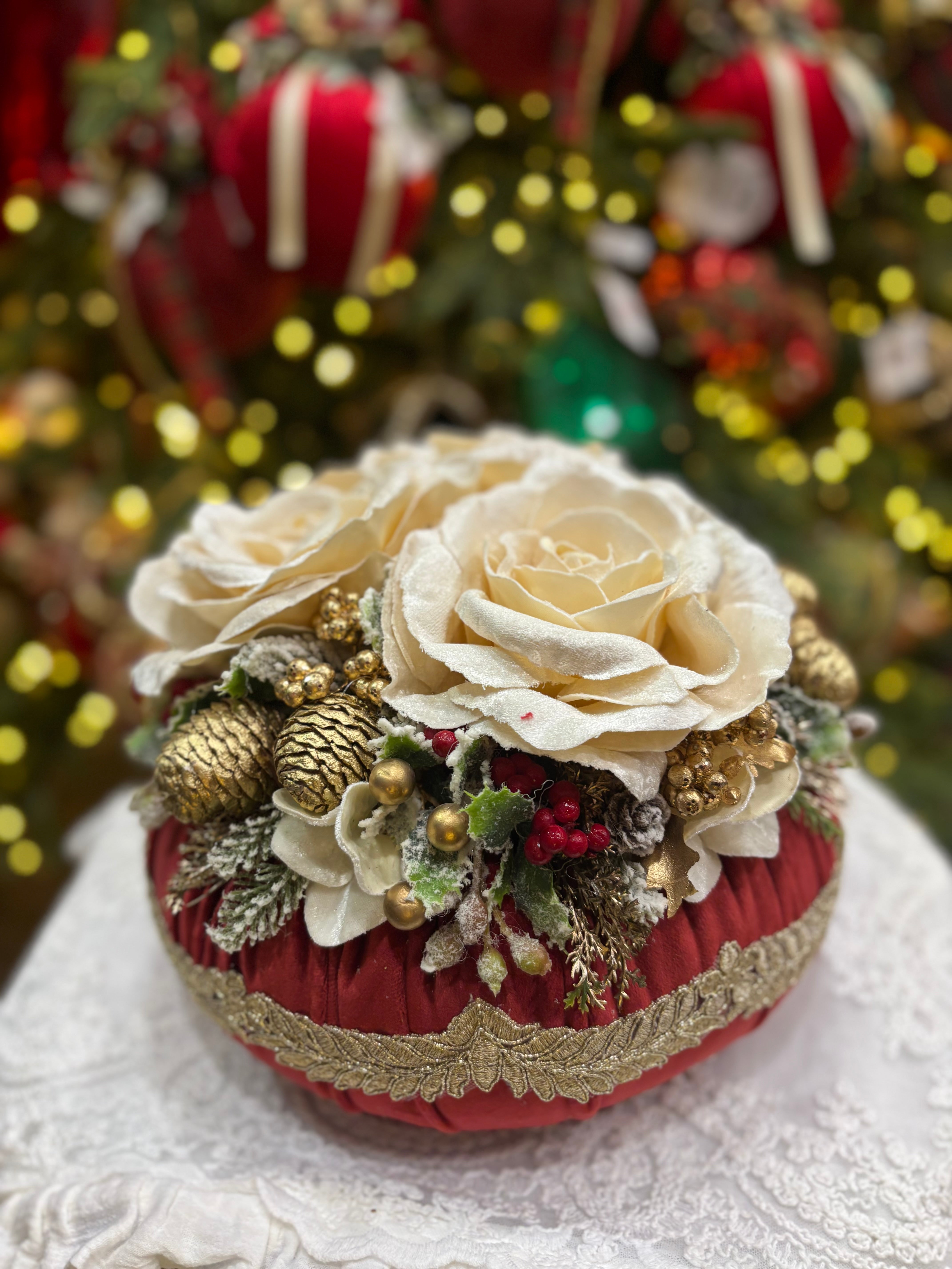 Fiori di lena Pouf profumato Rosso Tiziano con 3 rose Linea Dono Prezioso