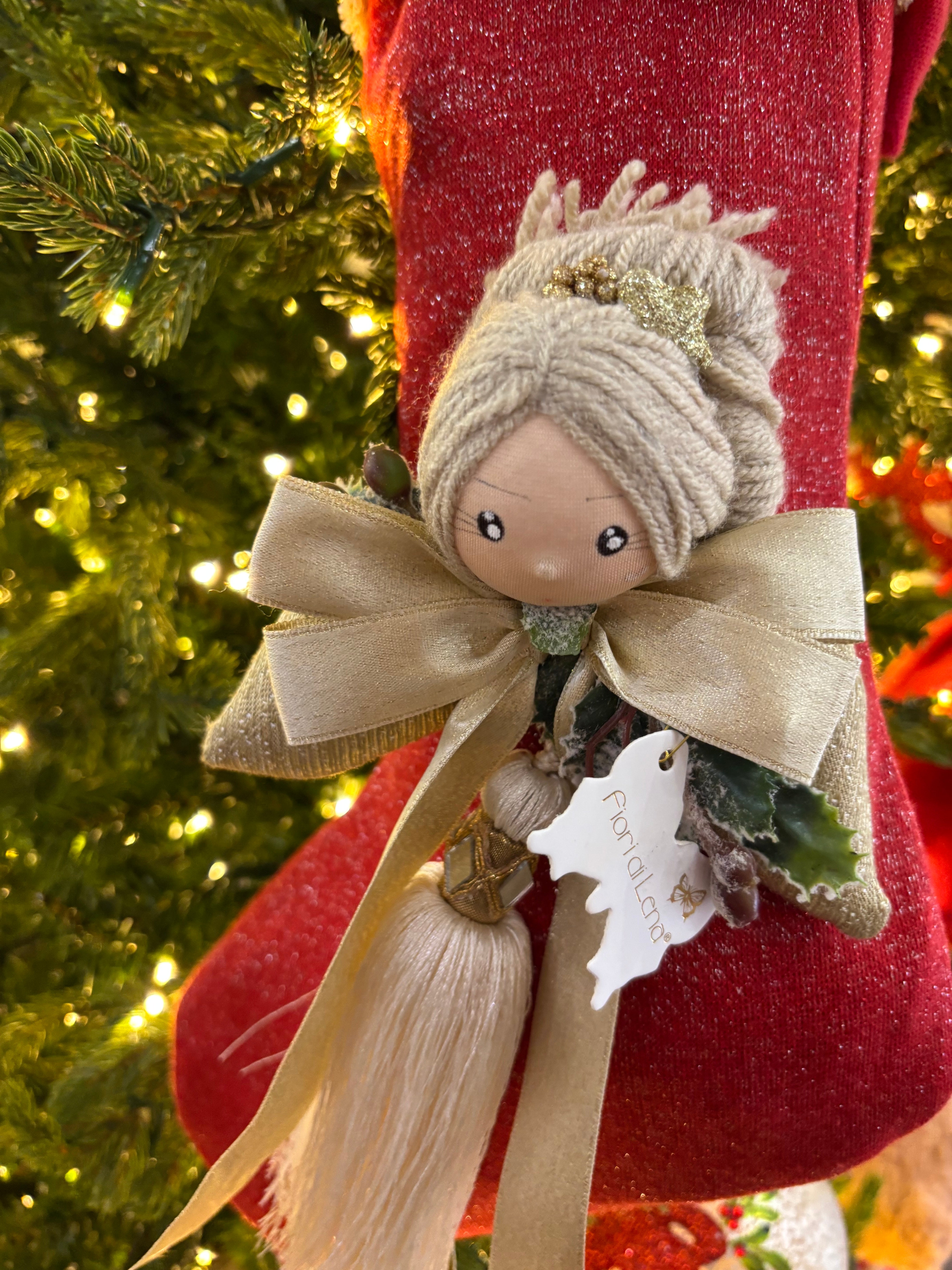 Handmade calza artigianale con applicazione Angioletto Fiori di Lena