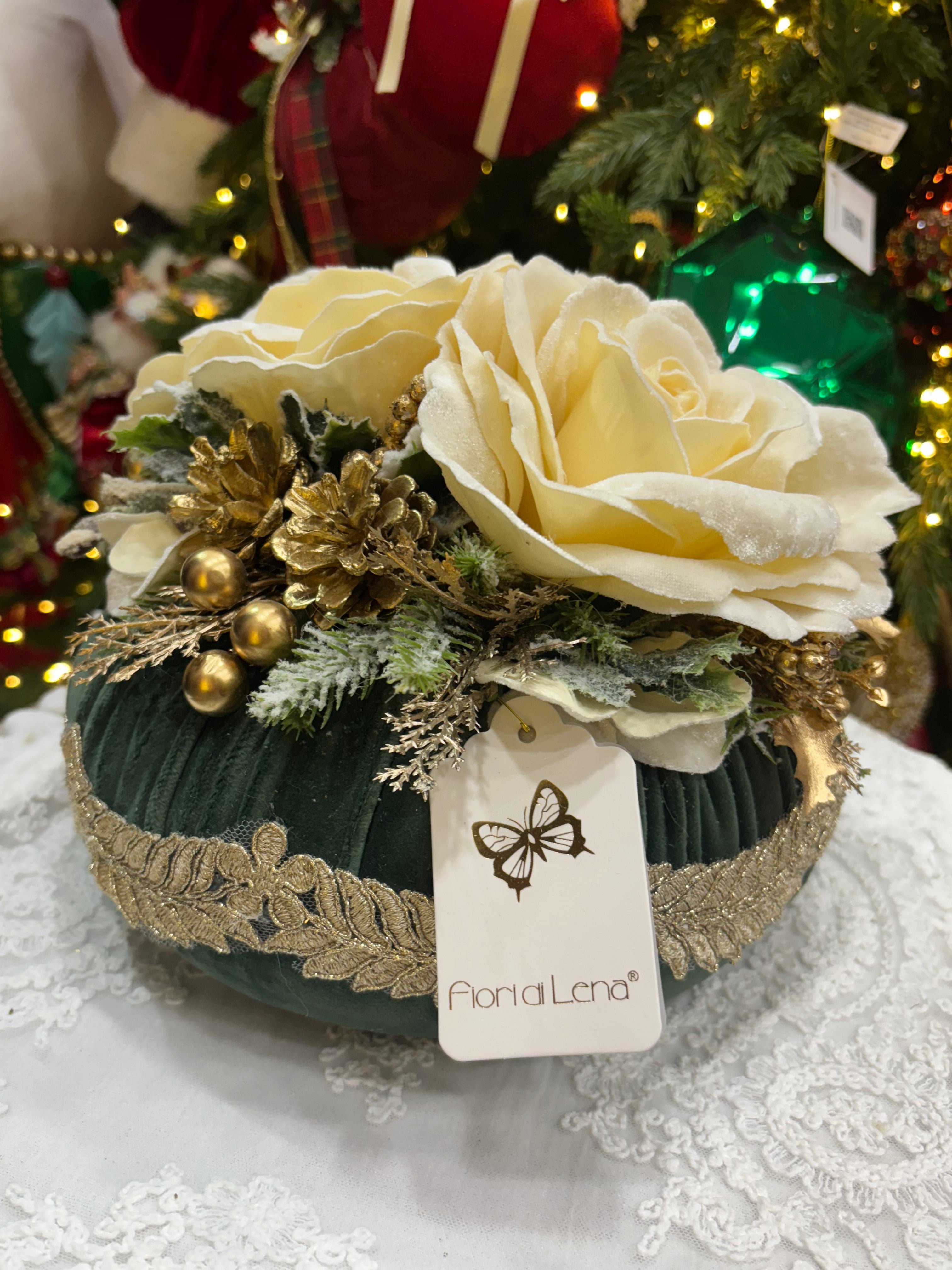 Fiori di lena Pouf profumato Verde inglese con 2 rose Linea Dono Prezioso