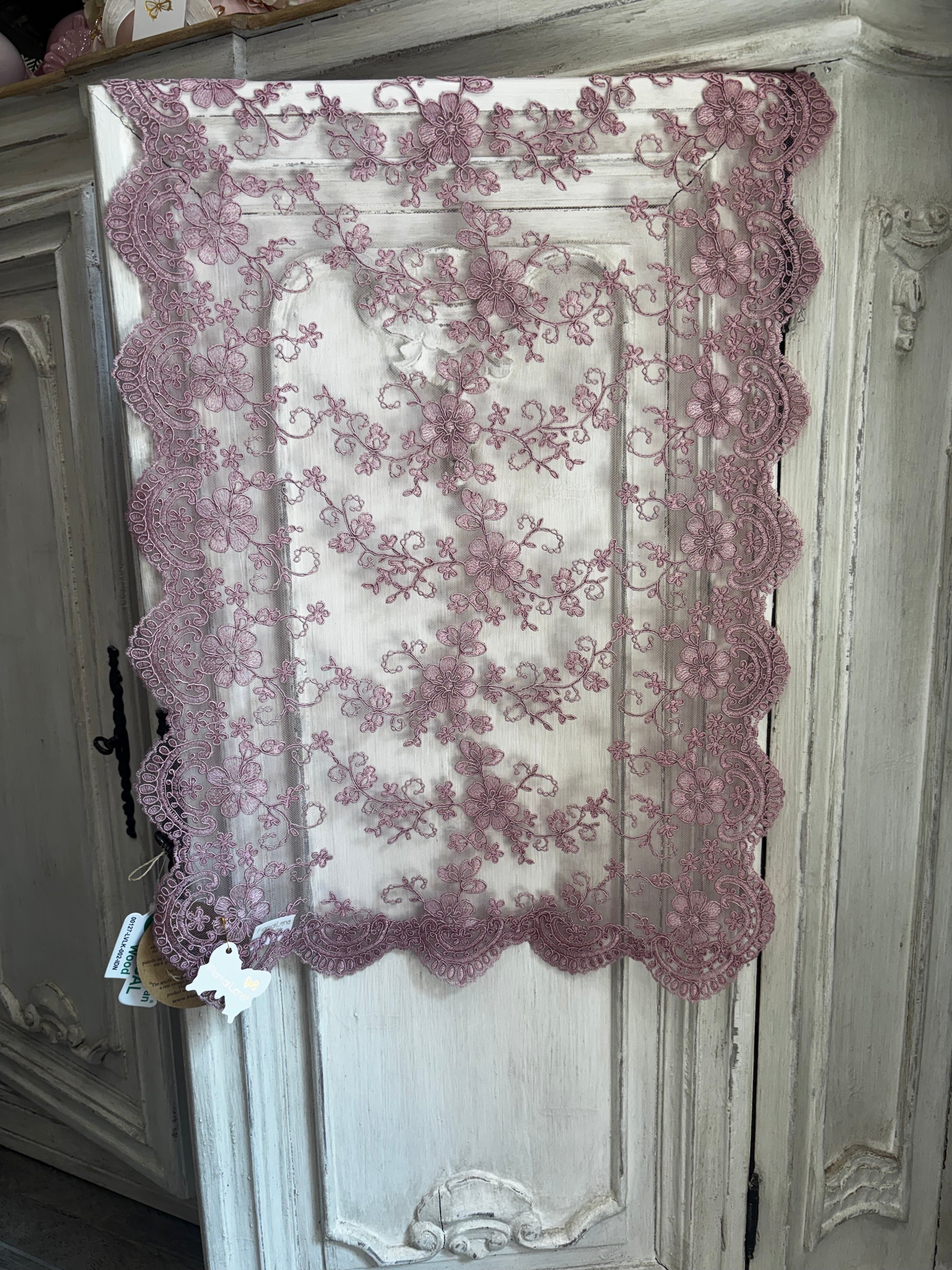 Fiori di lena runner in pizzo malva mis 140 cm