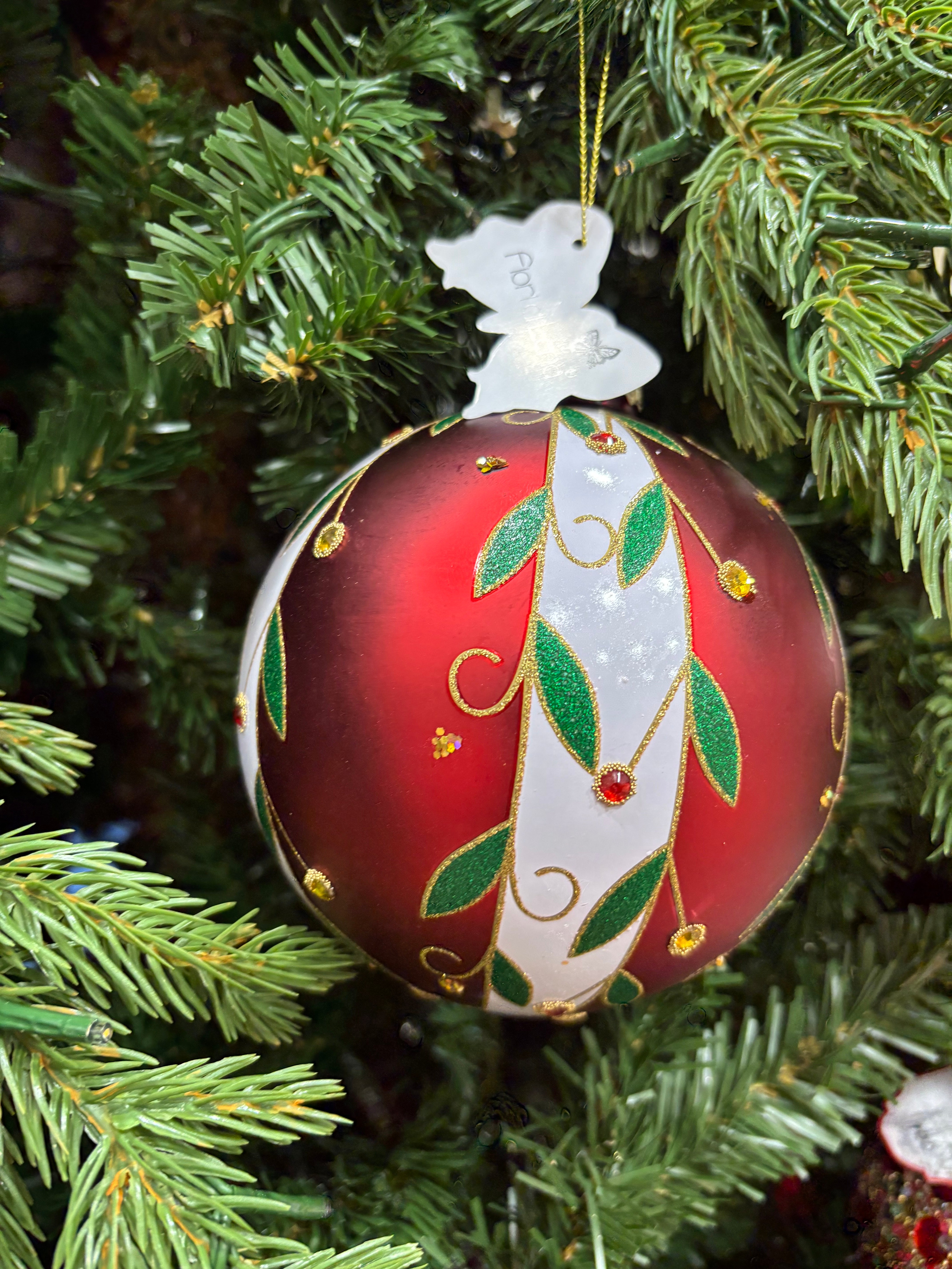 Fiori di lena addobbo in vetro rosso con agrifoglio 12 cm