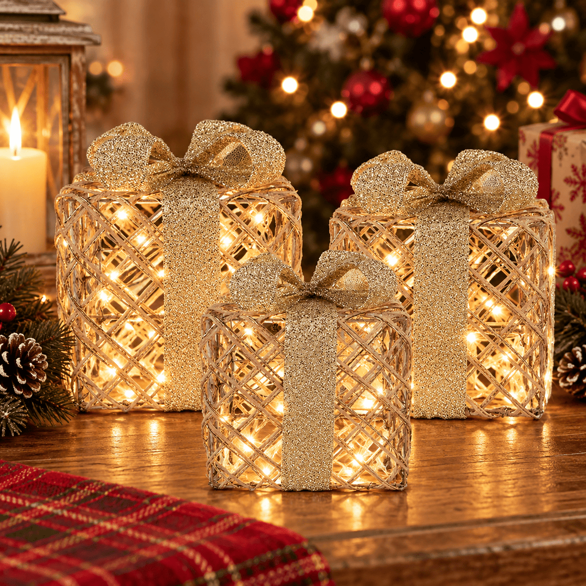 Clayre & eef tris di pacchi regalo dorati con led