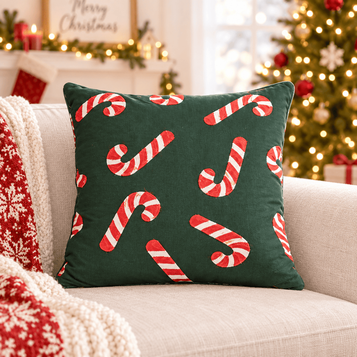 Clayre & eef Cuscino verde con ricamo candy cane