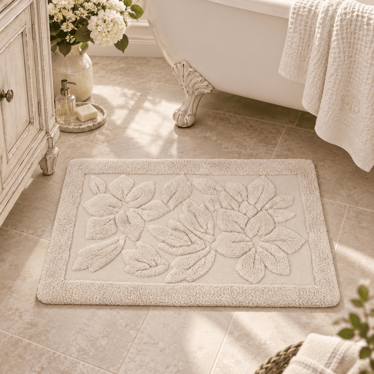 Blanc Mariclo' Tappeto Bagno in Cotone con fiori beige mis 50*80 cm