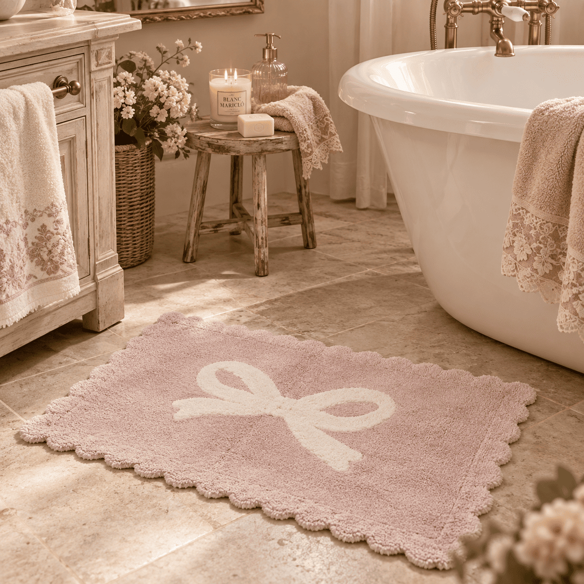 Blanc Mariclo' Tappeto Bagno in Cotone con fiocco  con varianti colore mis 45*75 cm