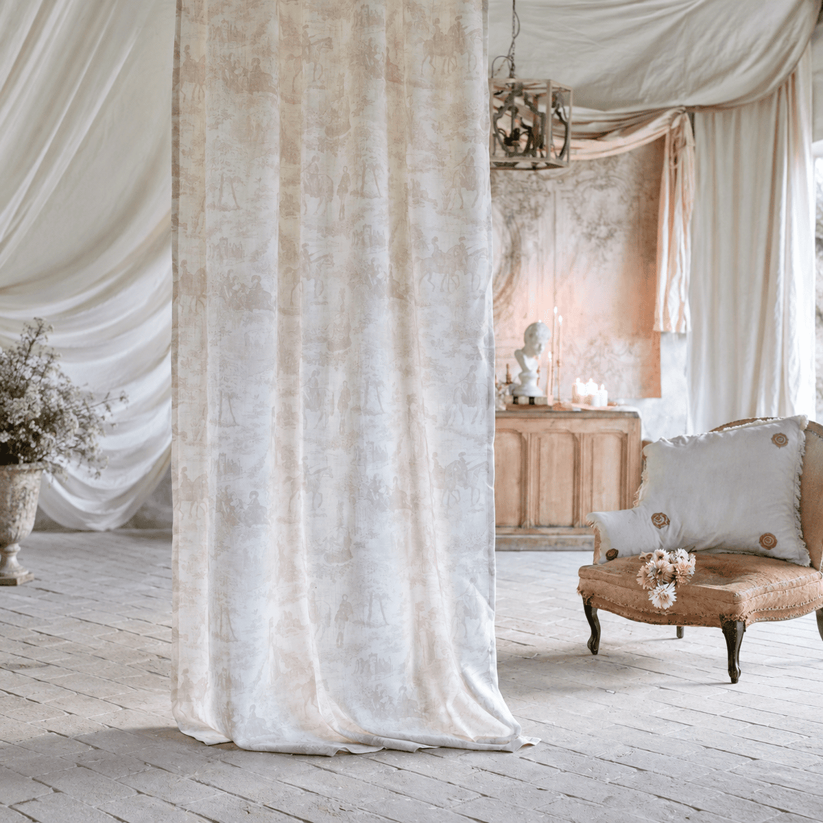 Blanc Mariclo' coppia tenda beige collezione Toile de Jouy