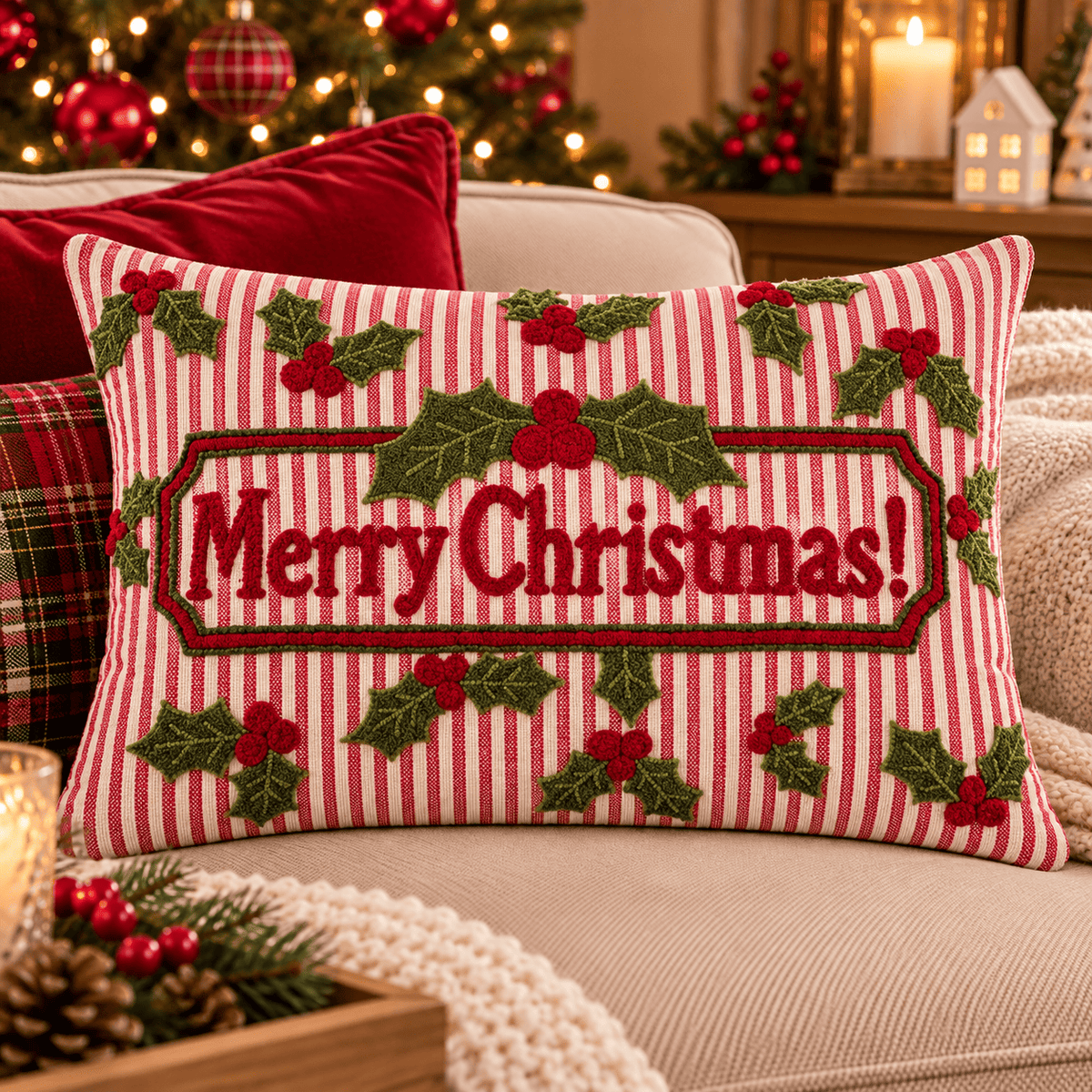Blanc Mariclò cuscino a righe Merry Christmas mis 30*45 cm