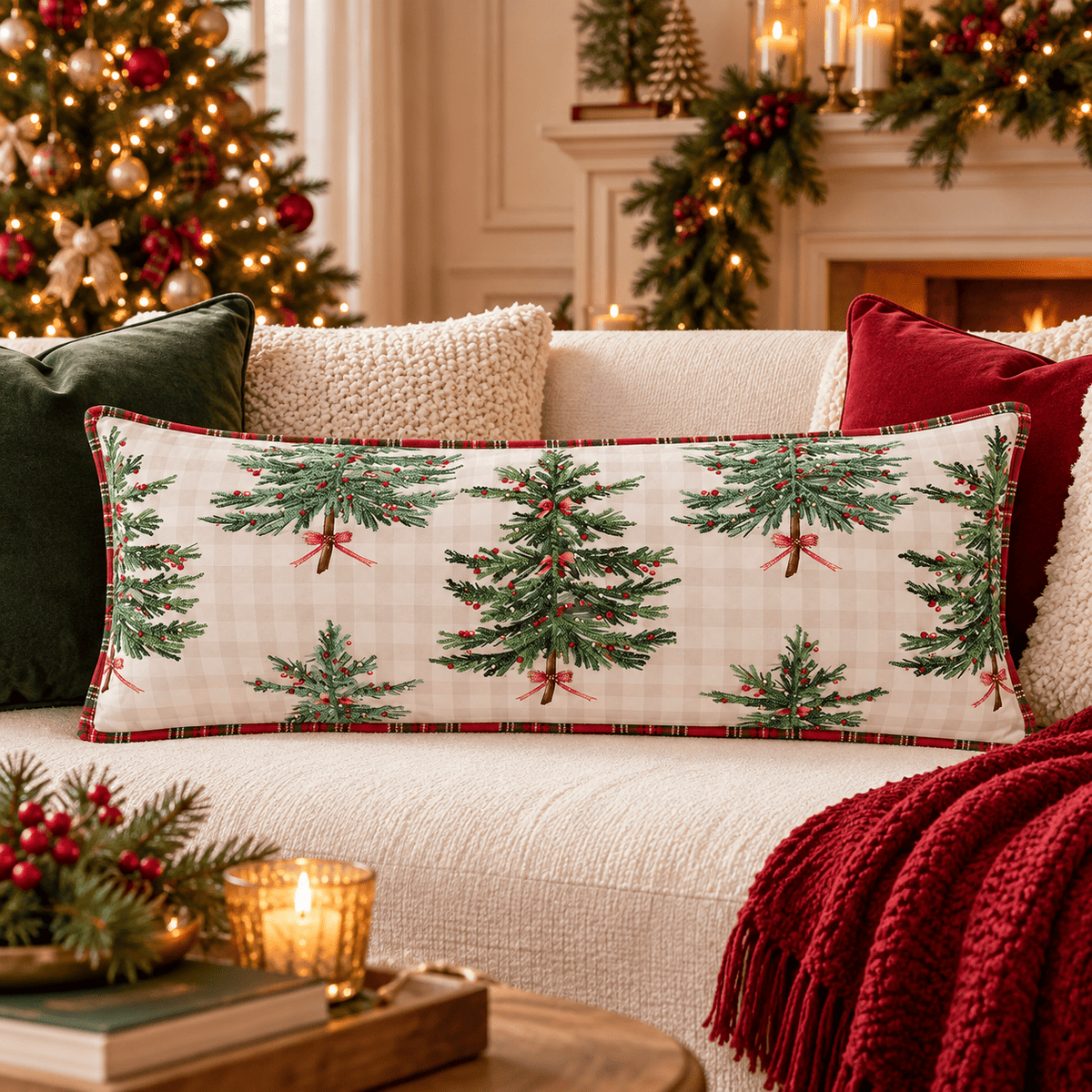 Blanc Mariclò cuscino lungo ricamato con con alberi su fondo vichy 35*90 cm
