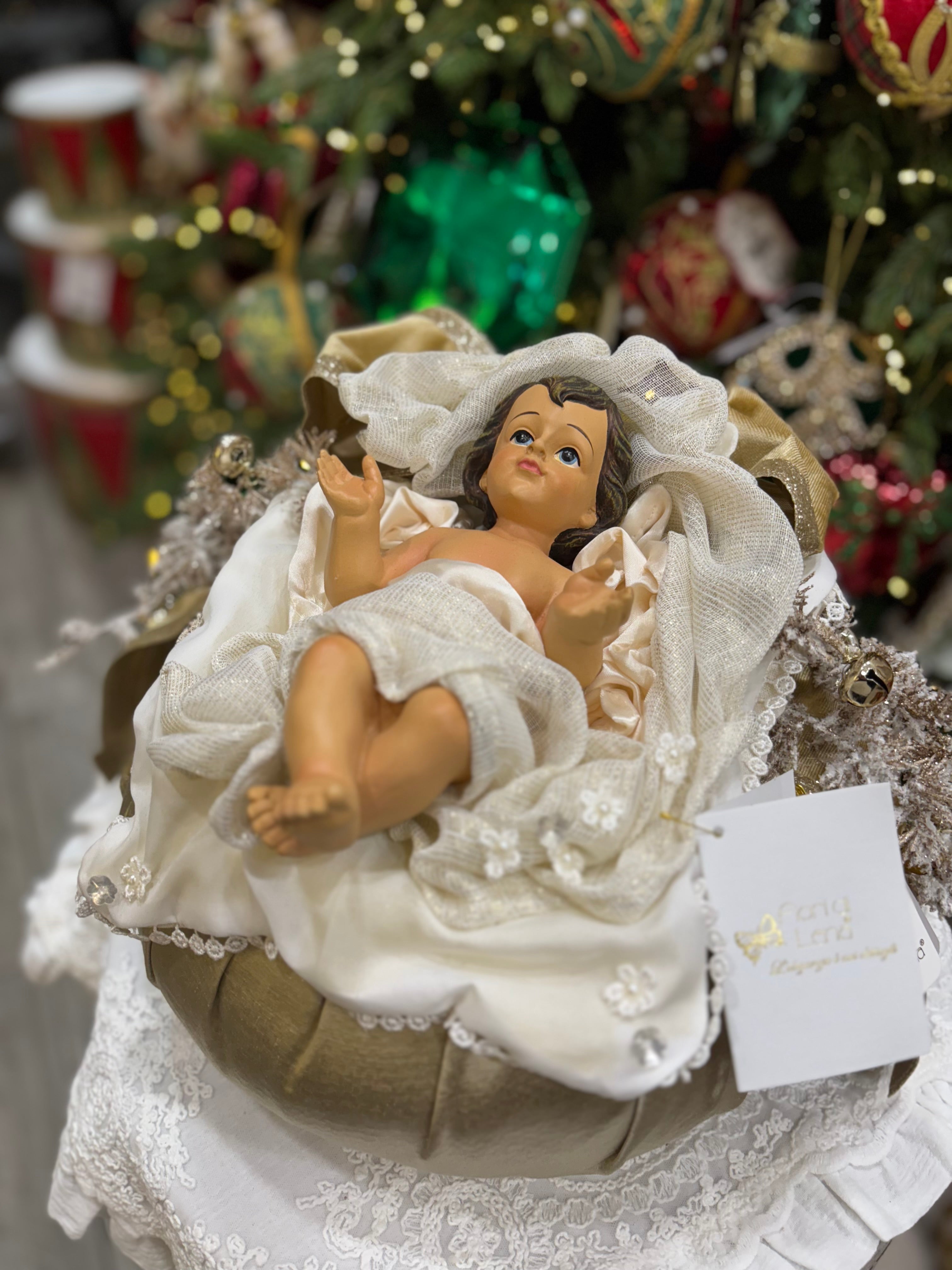 Fiori di lena Pouf Natalizio in Seta con Bambinello e Campanelle