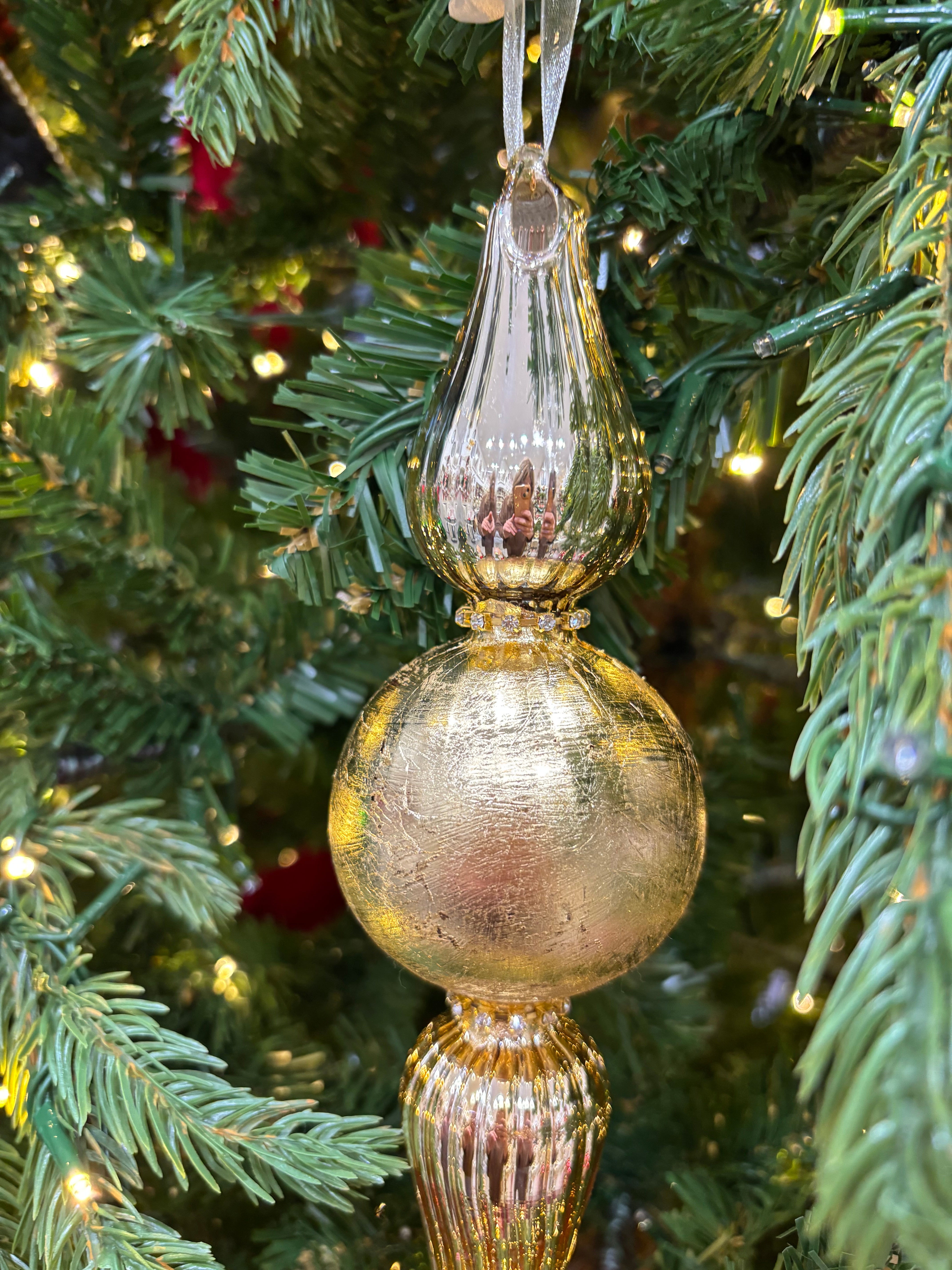 Fiori di lena addobbo puntale in vetro con foglia oro