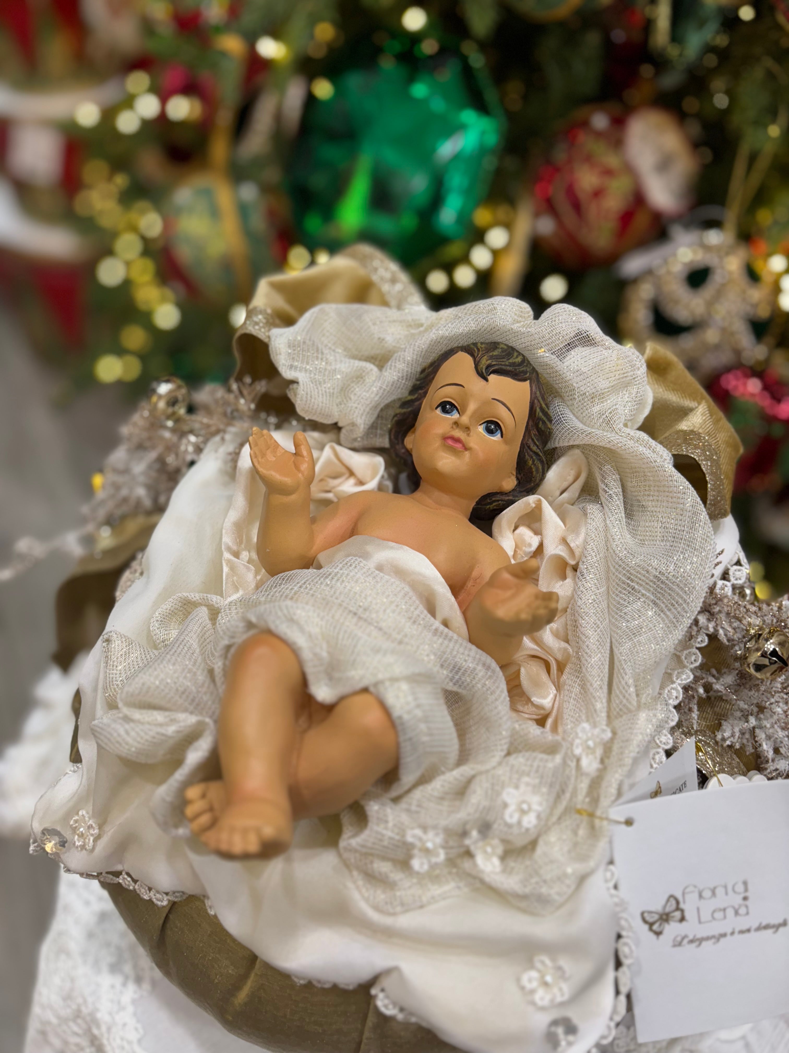 Fiori di lena Pouf Natalizio in Seta con Bambinello e Campanelle