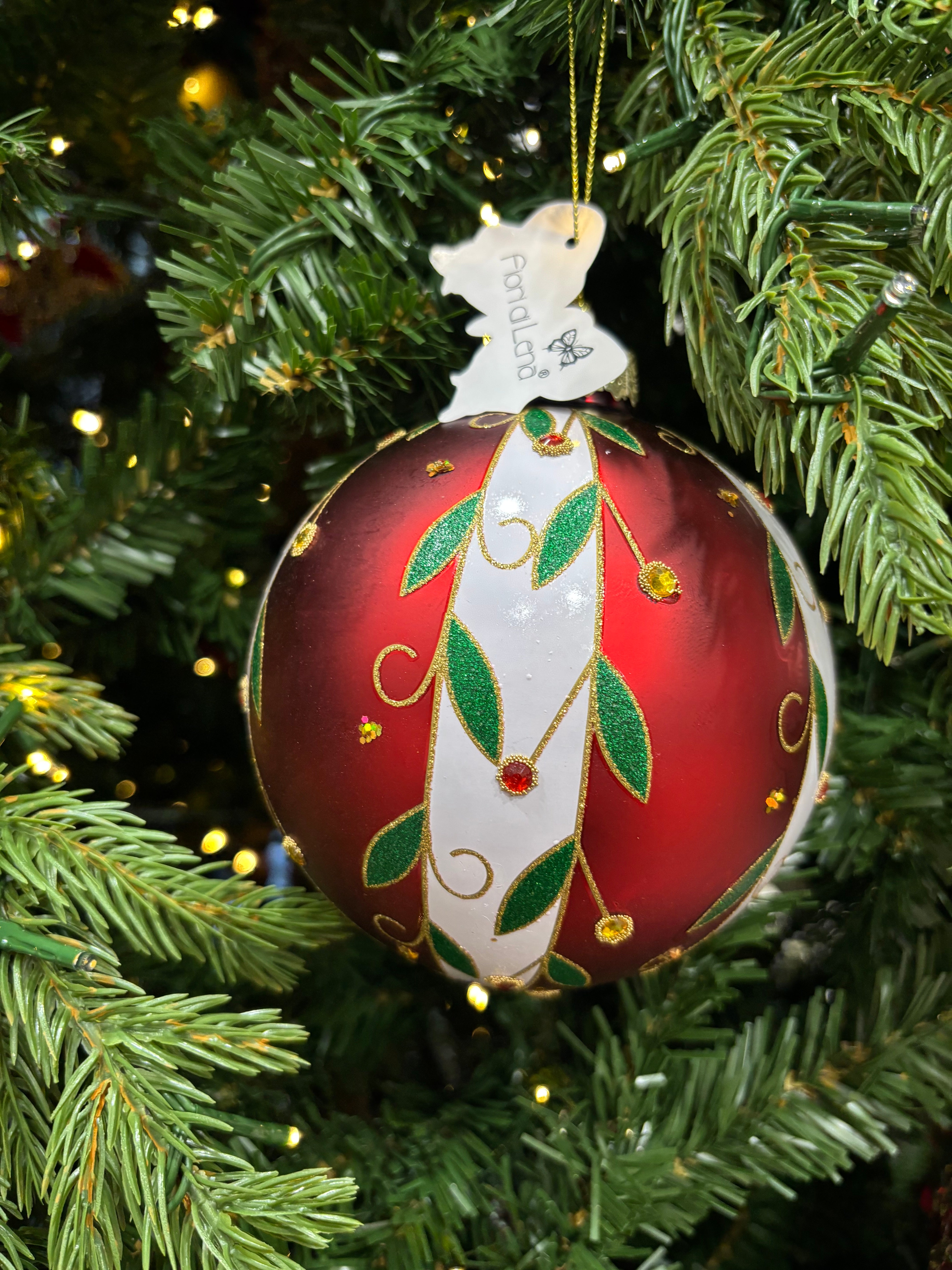 Fiori di lena addobbo in vetro rosso con agrifoglio 12 cm