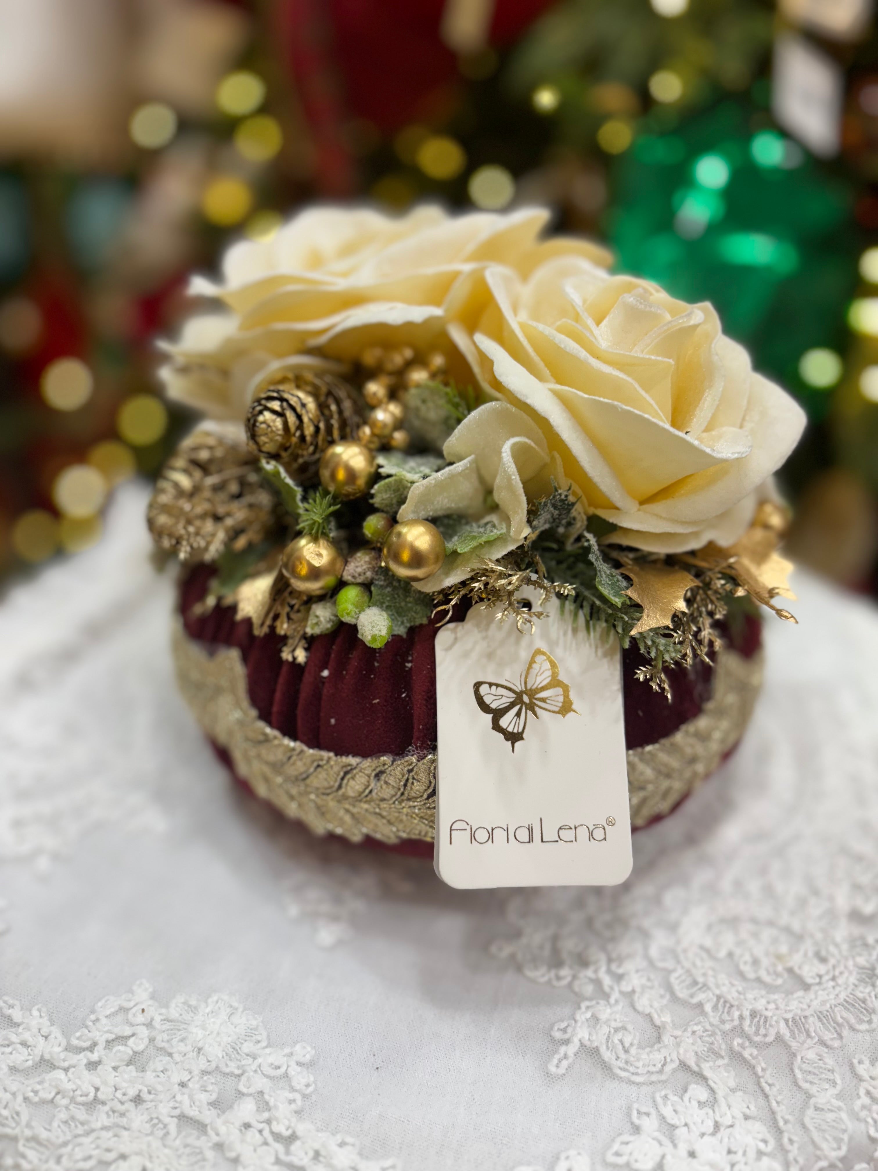 Fiori di lena Pouf profumato Amaranto con 2 rose Linea Dono Prezioso