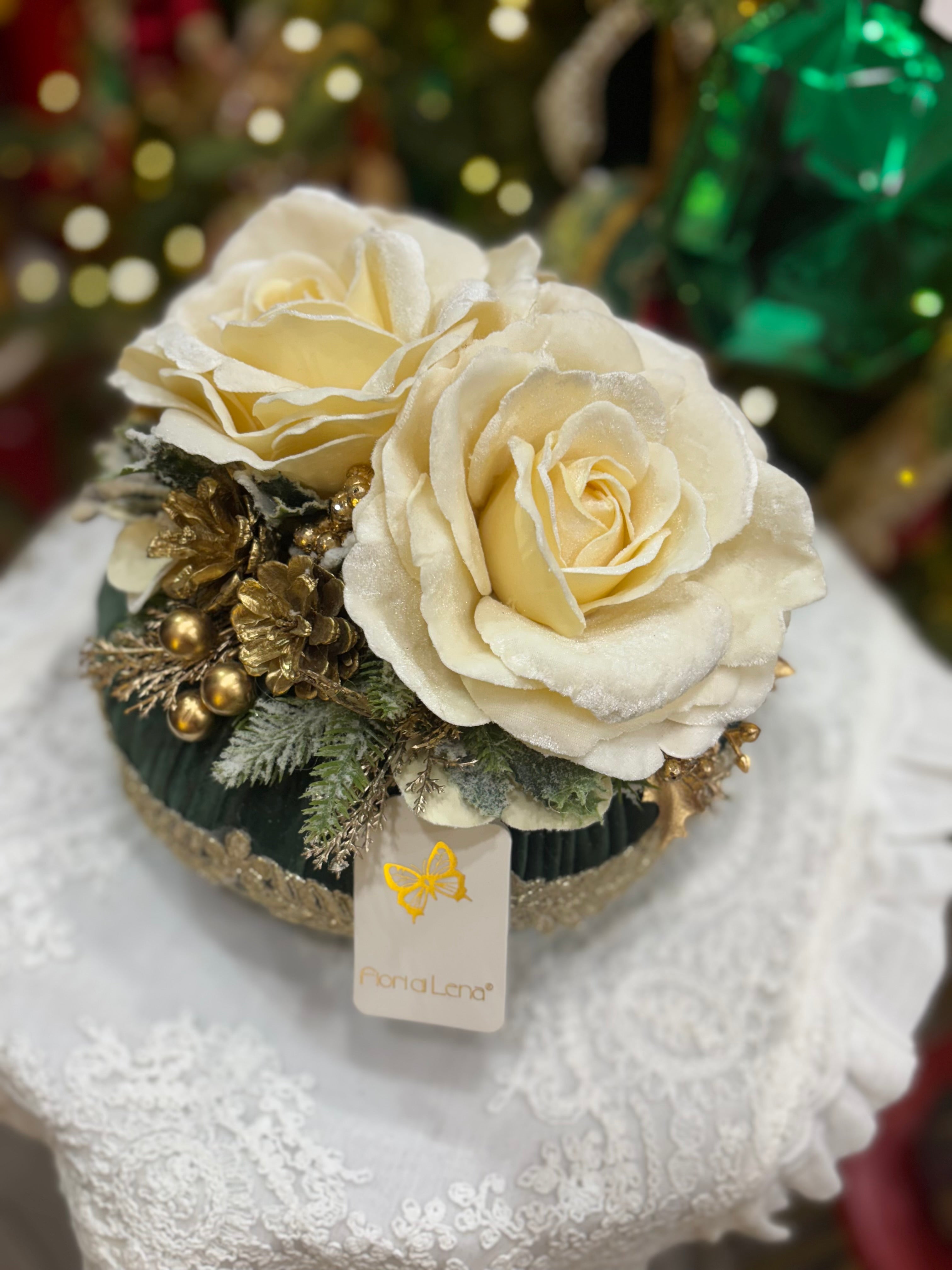 Fiori di lena Pouf profumato Verde inglese con 2 rose Linea Dono Prezioso